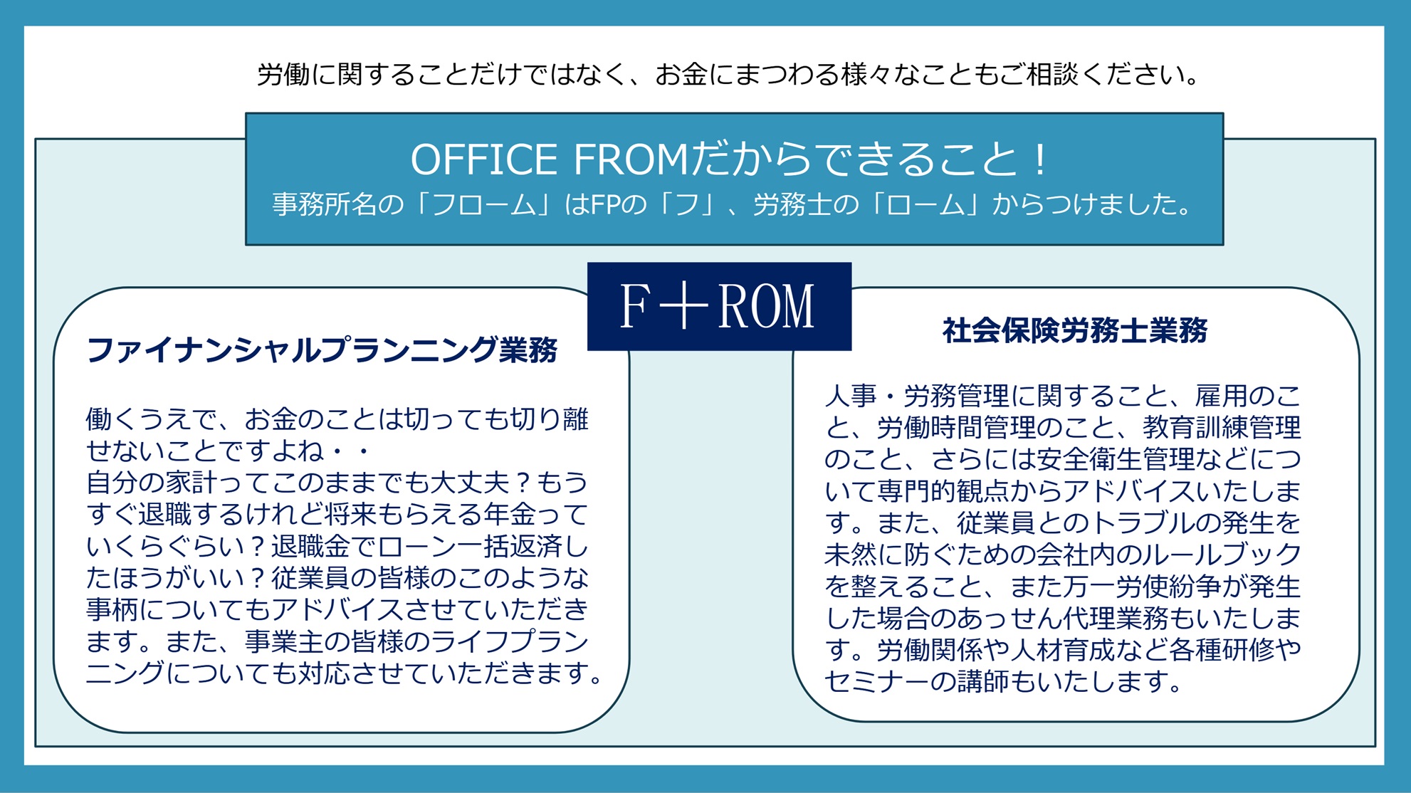 労働に関することだけではなく、お金にまつわる様々なこともご相談ください。OFFICE FROMだからできること！
        事務所名の「フローム」はFPの「フ」、労務士の「ローム」からつけました。
        ファイナンシャルプランニング業務　働くうえで、お金のことは切っても切り離せないことですよね・・自分の家計ってこのままでも大丈夫？もうすぐ退職するけれど将来もらえる年金っていくらぐ
        らい？退職金でローン一括返済したほうがいい？従業員の皆様のこのような事柄についてもアドバイスさせていただきます。また、事業主の皆様のライフプランニングについても対応させていただきます。
        社会保険労務士業務　人事・労務管理に関すること、雇用のこと、労働時間管理のこと、教育訓練管理のこと、さらには安全衛生管理などについて専門的観点からアドバイスいたします。また、従業員と
        のトラブルが発生を未然に防ぐための会社内のルールブックを整えること、また万一労使紛争が発生した場合のあっせん代理業務もいたします。労働関係や人材育成など各研修やセミナーの講師もいたします。